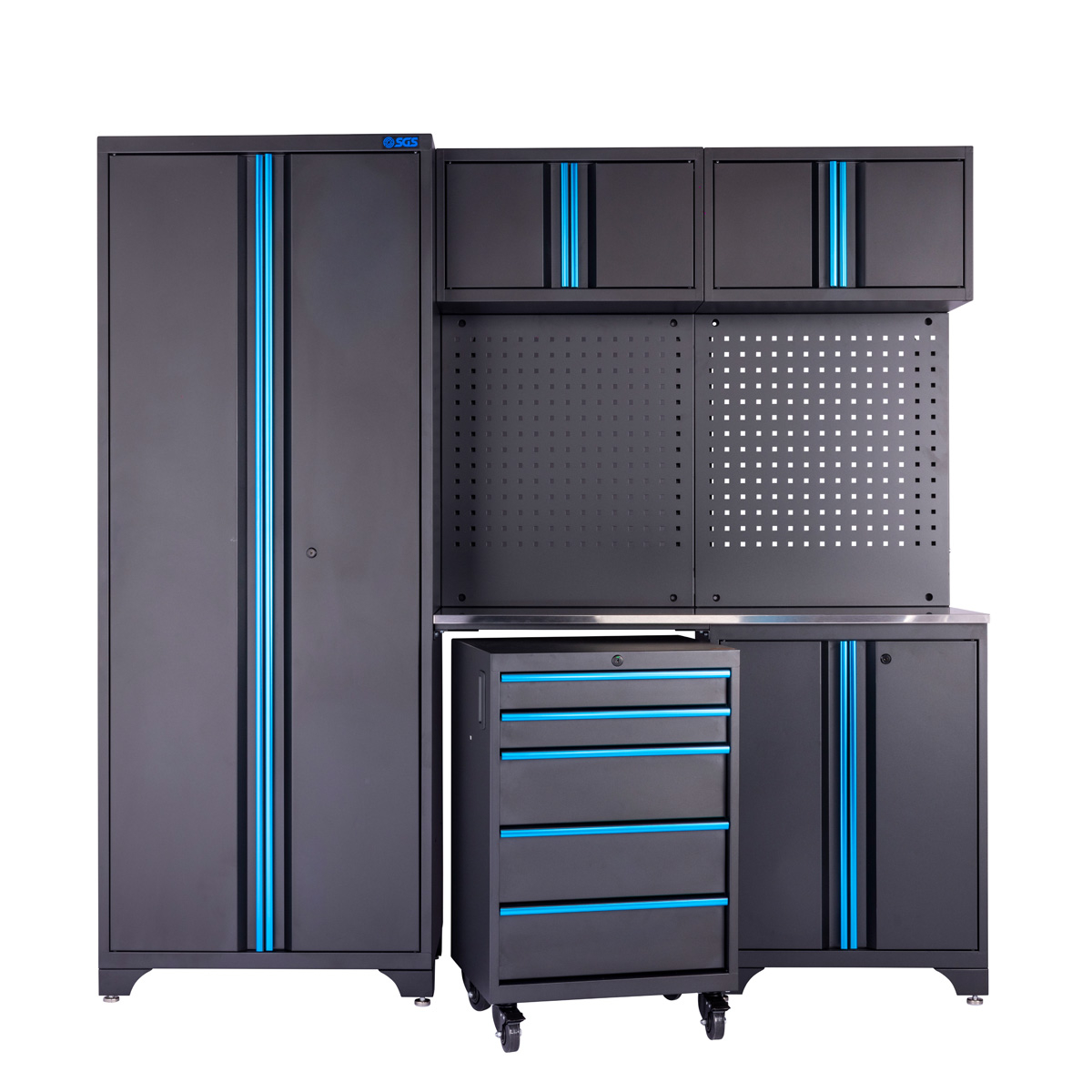 SGS 6pc Garage Storage System | Stainless Work Bench | Wheeled Cabinet | Wall Shelving | Tall Double Side Cabinet | Blue